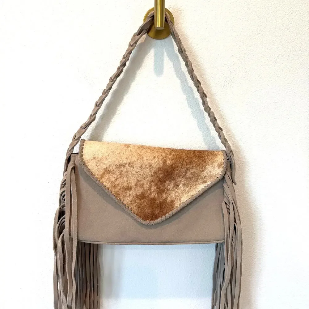 Zulia & Huipa Zina Fringe Shoulder Bag Suede & Cowhide Bone White Western